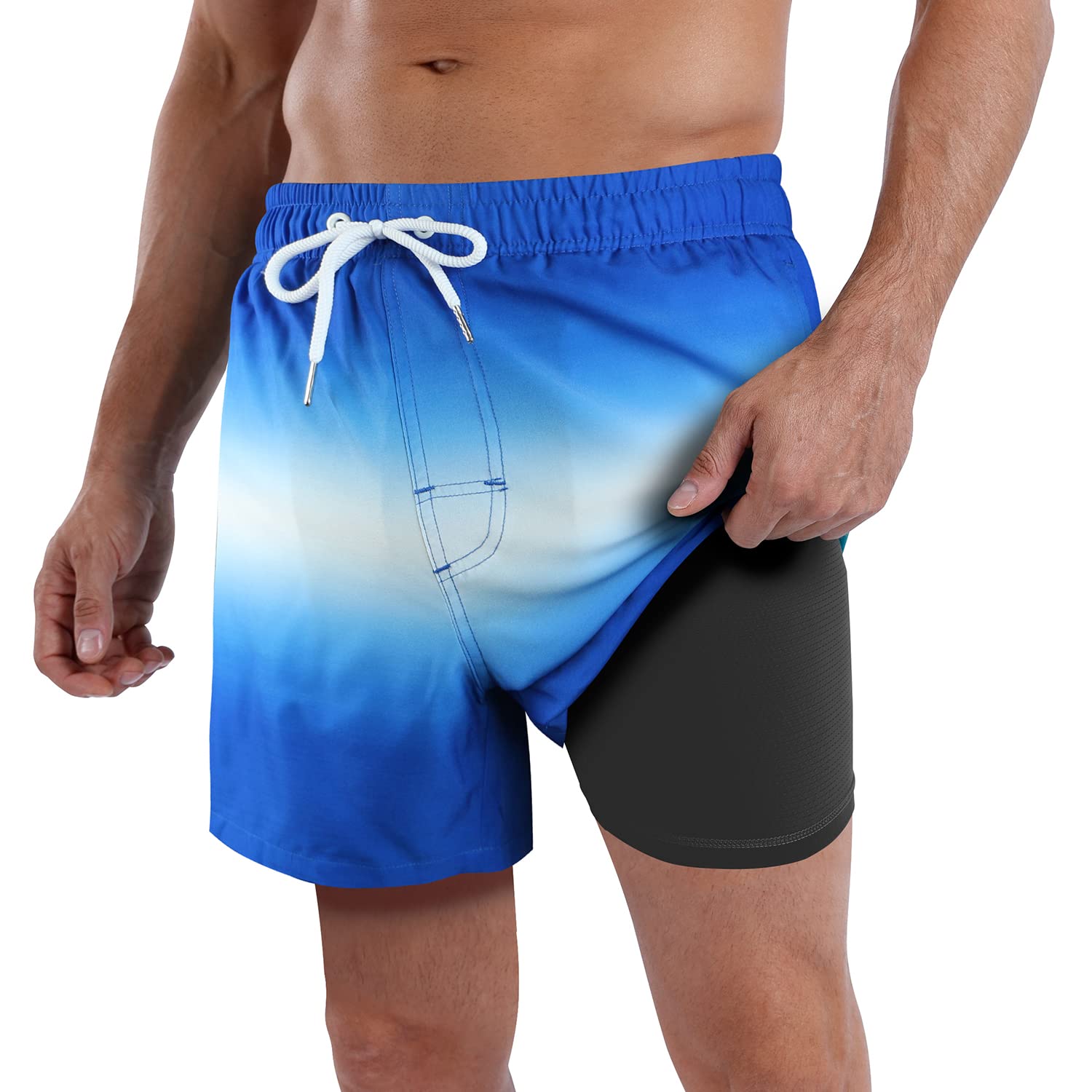 QRANSS Mens Swim Trunks Compression Liner Quick Dry 5.5'' Swimwear Swim Shorts with Boxer Brief Lined