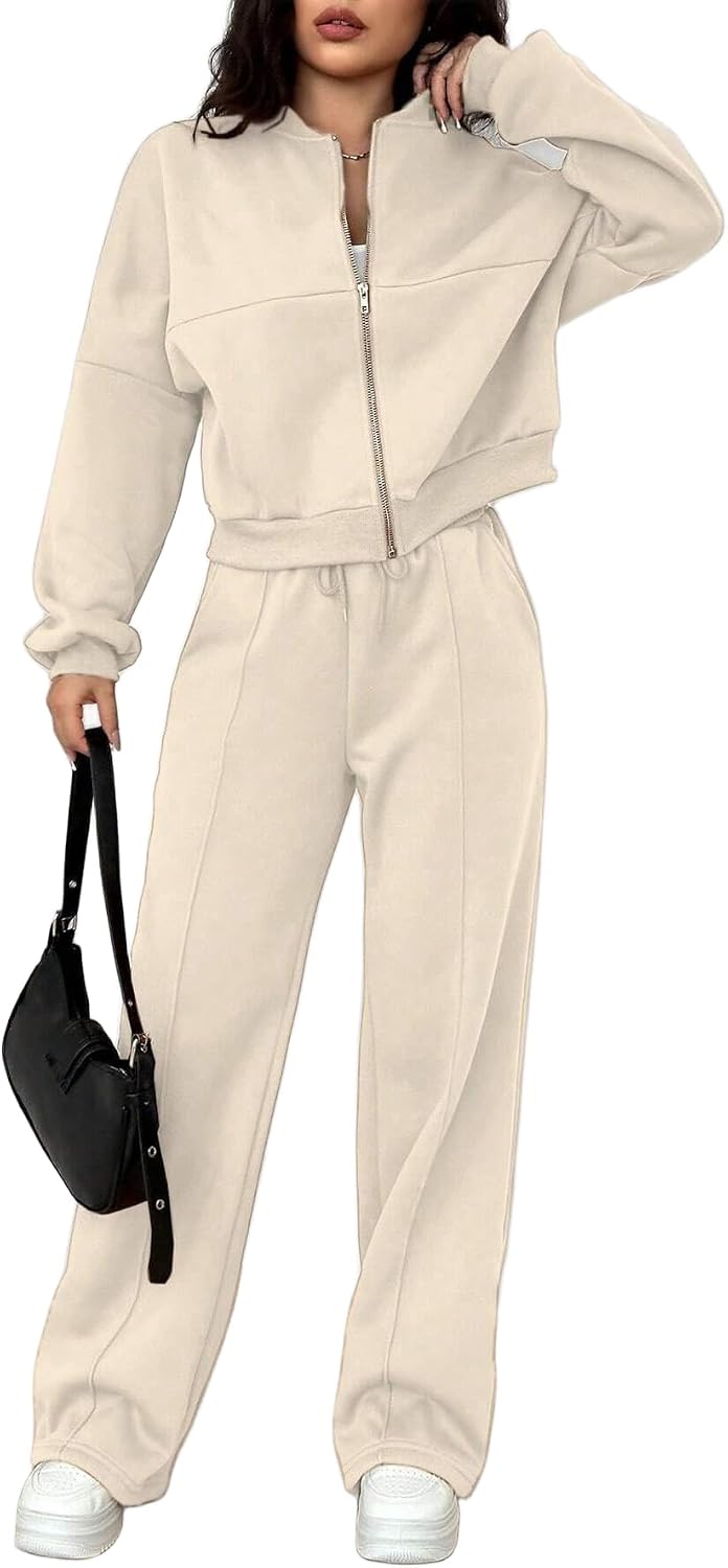 HBER Women's 2 Piece Lounge Sets Fall Zip Up Jacket and Wide Leg Pants Travel Matching Sweatsuits Outfits Sets