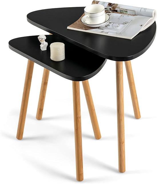 CASART Nesting Tables Set of 2, Triangle Sofa Side Tables, Bamboo Legs, 2 PCS Modern Accent Tea Tables for Living Room Bedroom Office