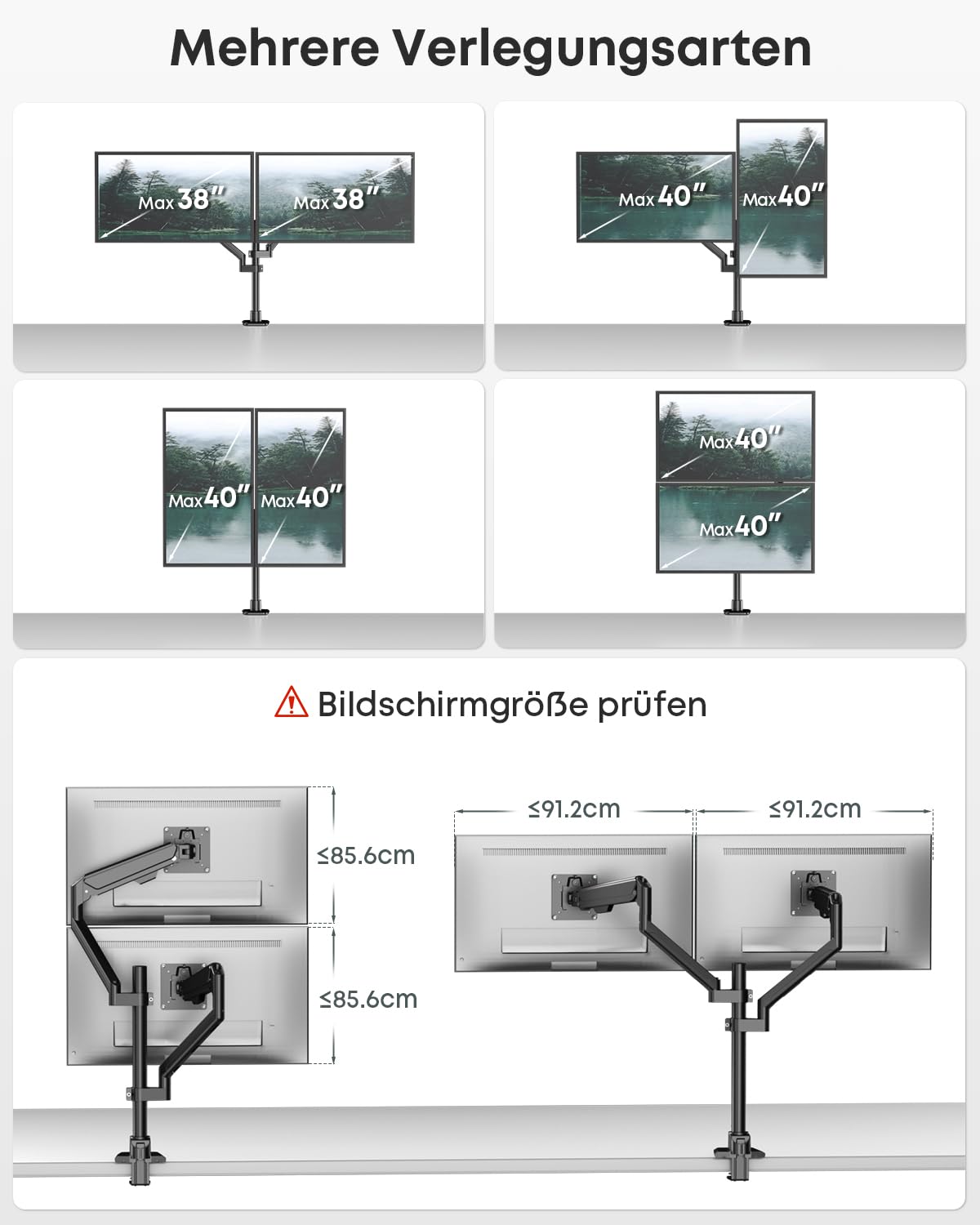 Monitor Halterung 2 Monitore für 17-40 Zoll, Gasfeder, Vollbewegung