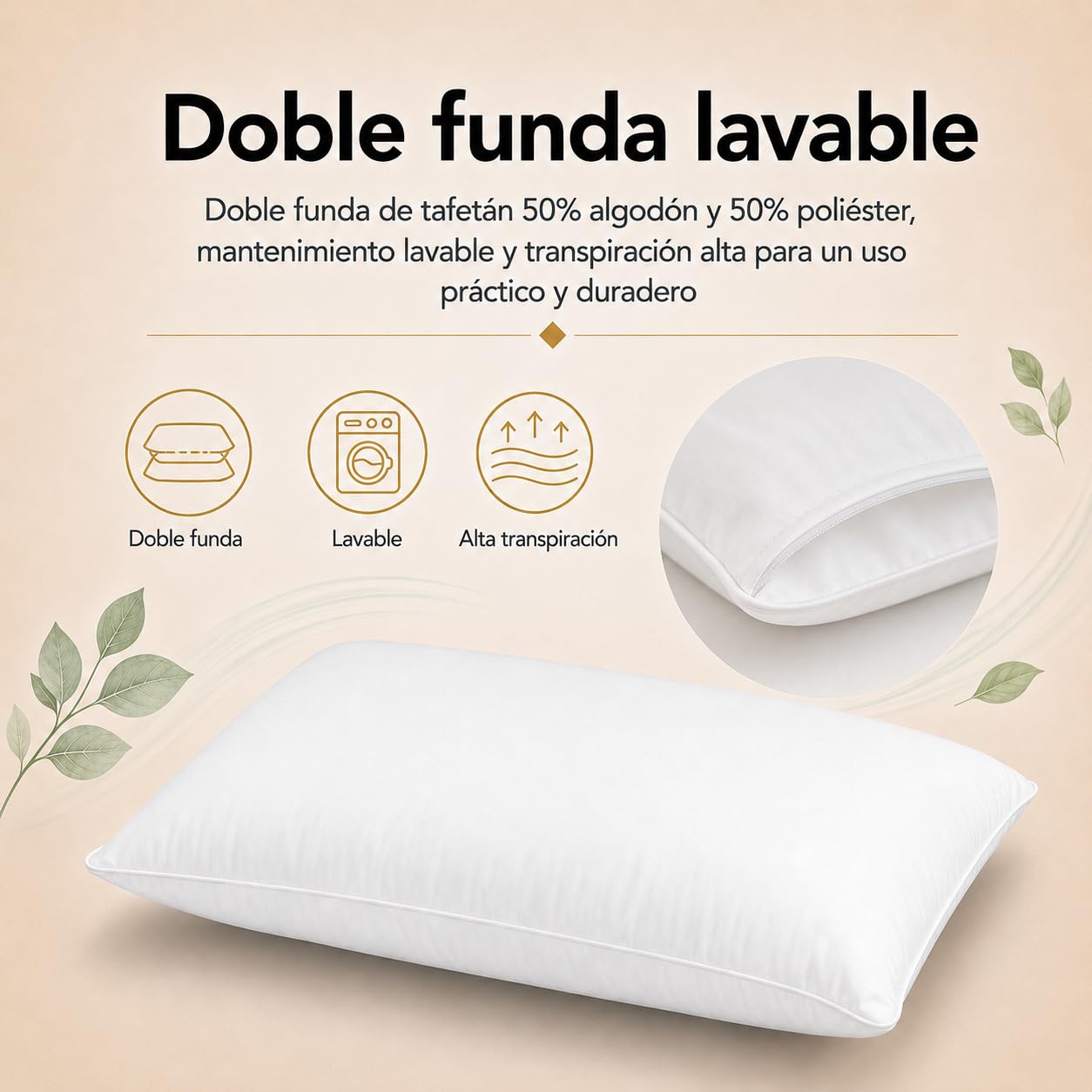 Moshy Almohada de Fibra Alba Antiácaros, Altura y Firmeza Alta, Doble Funda de Polialgodón con Tratamiento Sanitized (150 cm)