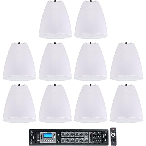 Rockville Bundle: (10) PEN-80T White 8" 70V 40W Hanging Pendant Speaker Bundle with RCS650-6 650 Watt 6 Zone 70v Amplifier/Bluetooth for Commercial/Restaurant use (11 Items)
