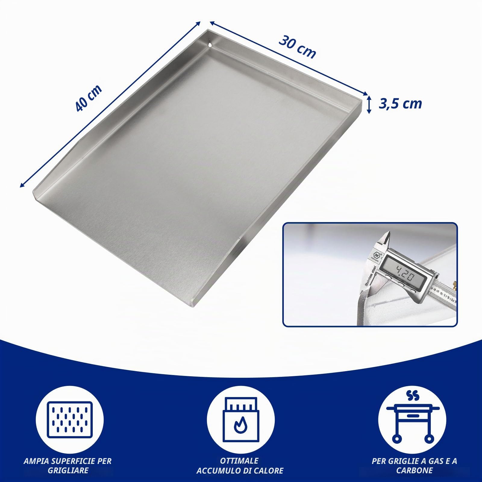 Piastra per griglia in acciaio inox da 40 x 30 cm, con spatola e raschietto | Piastra universale spessa 4 mm per barbecue a gas e a carbonella