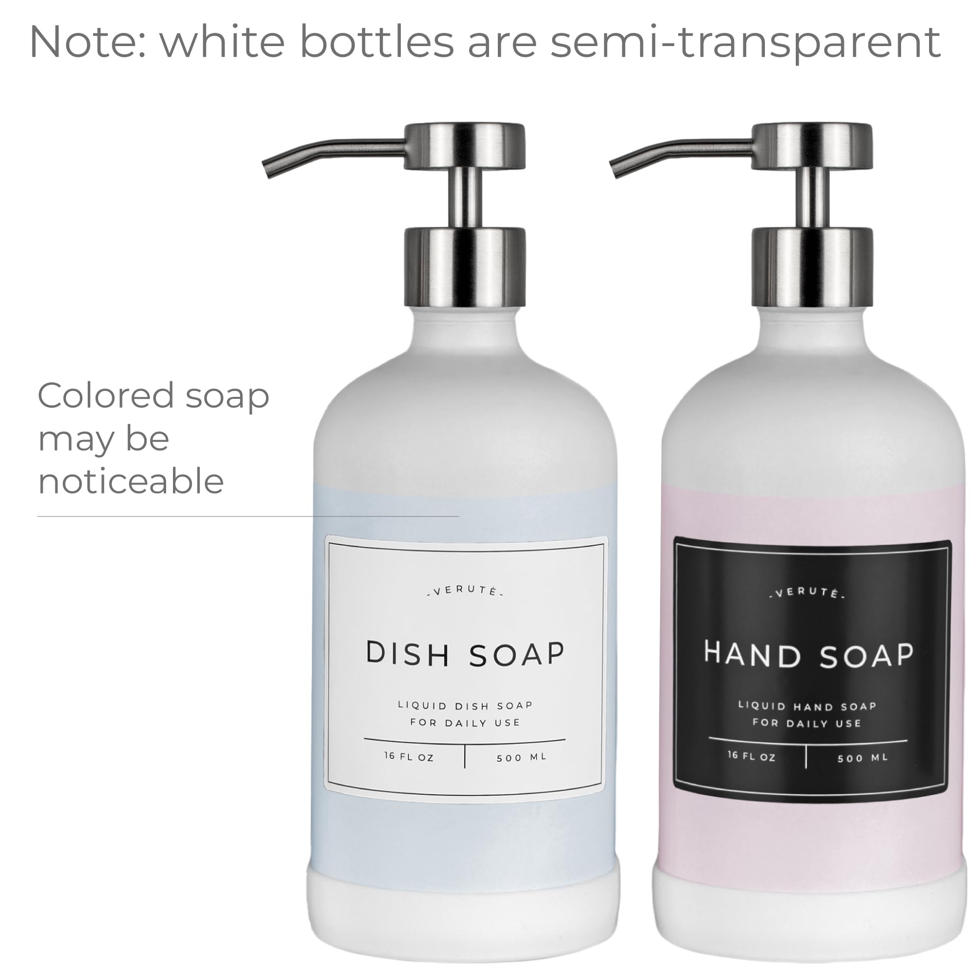 Verute 16oz White Glass Soap Dispenser with Stainless Steel Pump, 21 Waterproof Labels and Non-Slip Protective Silicone Pad, Set of 2 for Bathroom and Kitchen (Matte White Bottle/Silver Pump)