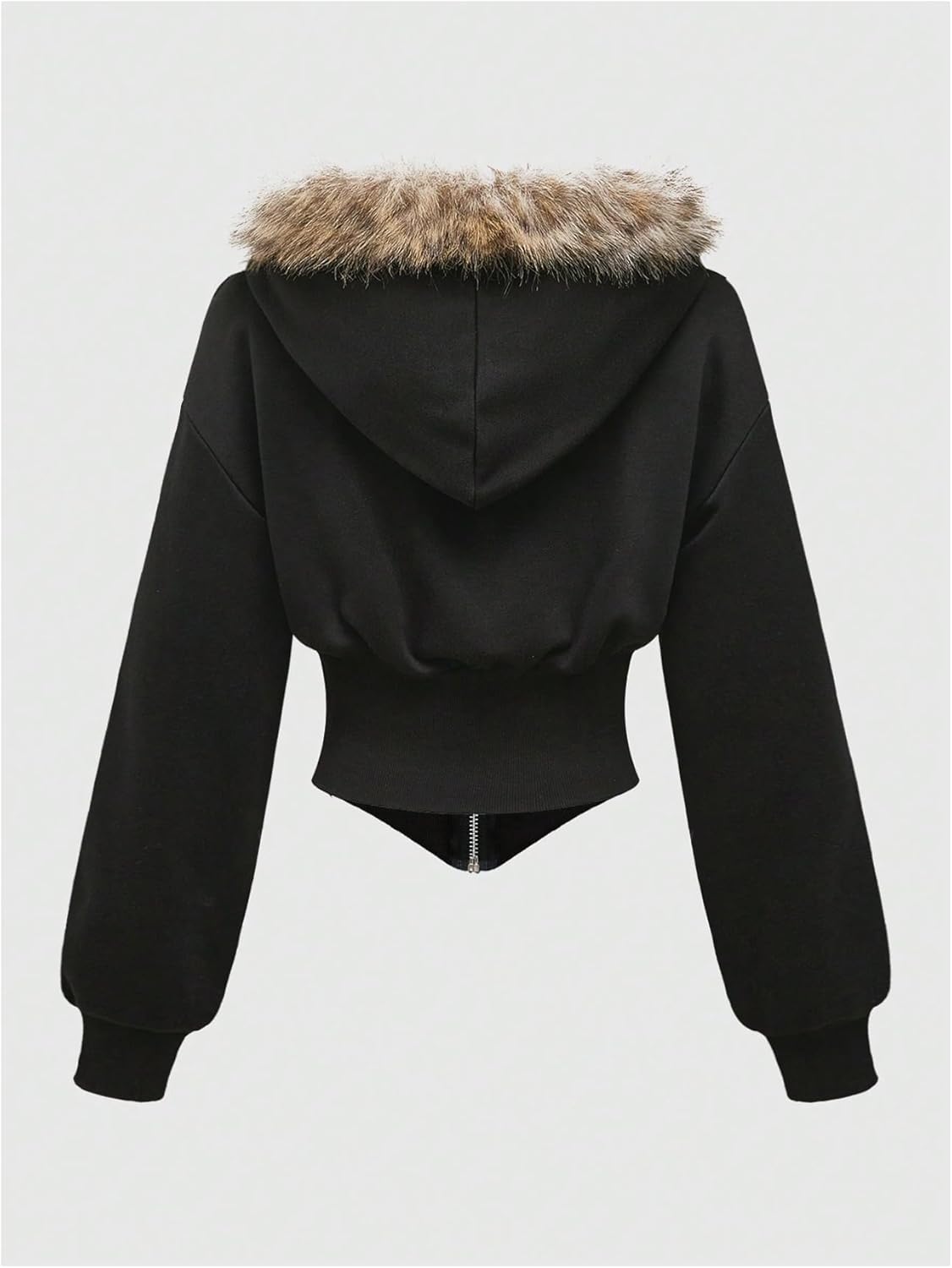 Verdusa Womens Fur Hoodie Zip Up Sweatshirt Hooded Lightweight Faux Fur Jacket Cropped Hoodies Cinched Waist - Image 2