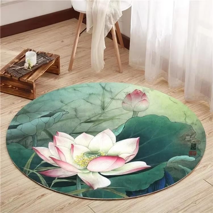 Tapis rond lotus style chinois rétro 150 cm lavable et antidérapant pour le sol du salon