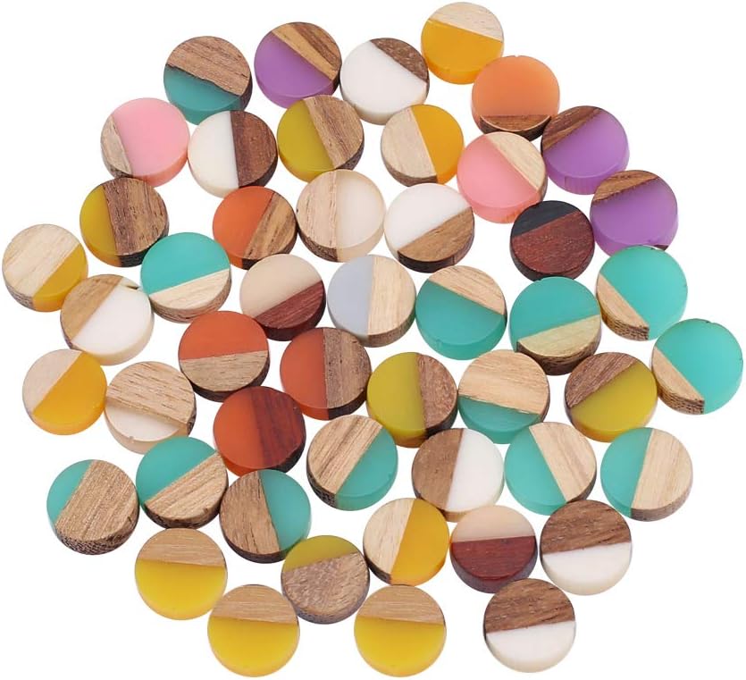 PH PandaHall 50pcs Wooden Resin Blanks Resin Cabochons Flat Round Geometric Earring Blacks Rhombus Wood Cabochons Vintage Resin Wood Statement for Earring Jewelry Findings (Mixed Color, 10mm)