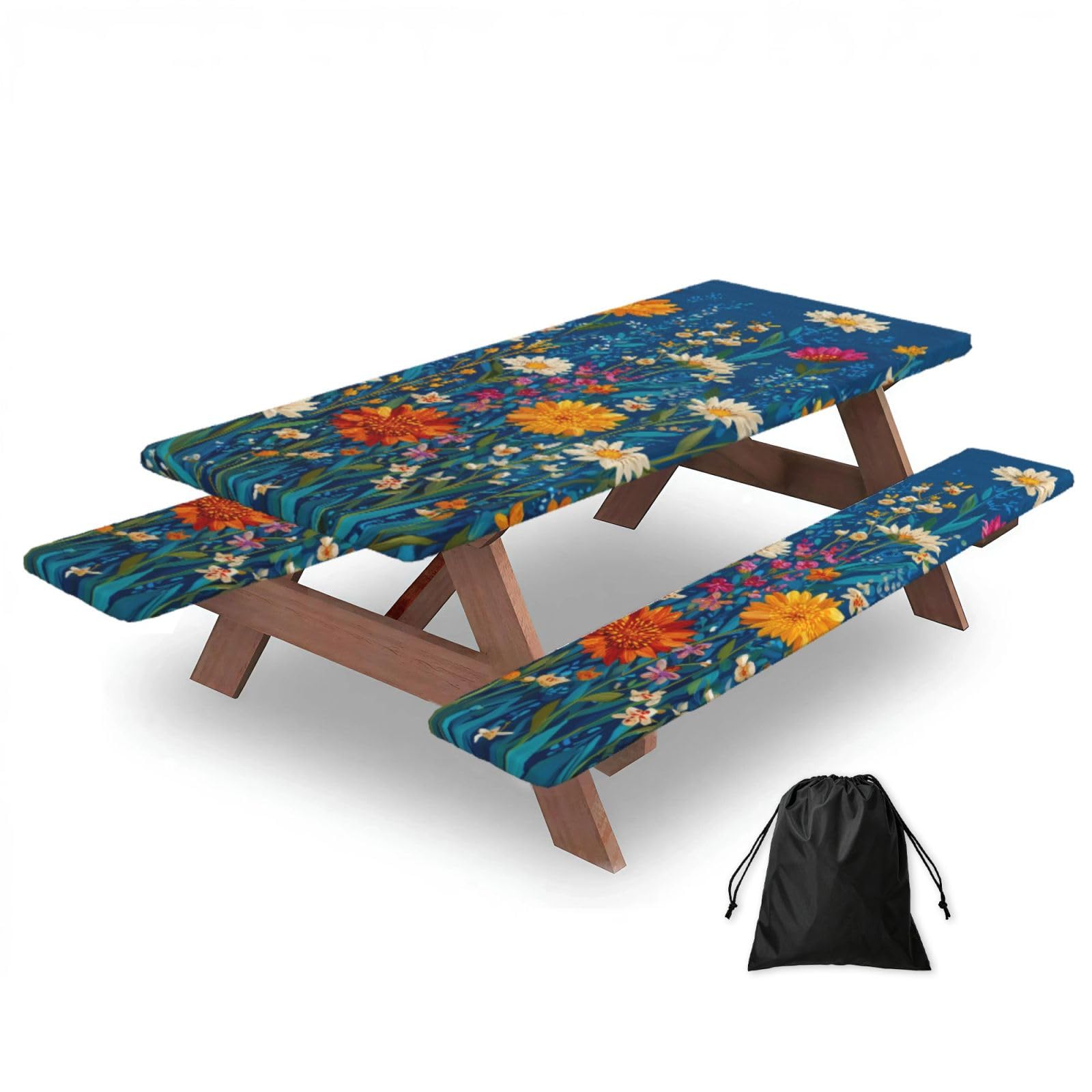 Nappe de pique-nique ajustée avec housses de banc, nappe élastique ajustée, imperméable, pour camping, extérieur, 183 cm