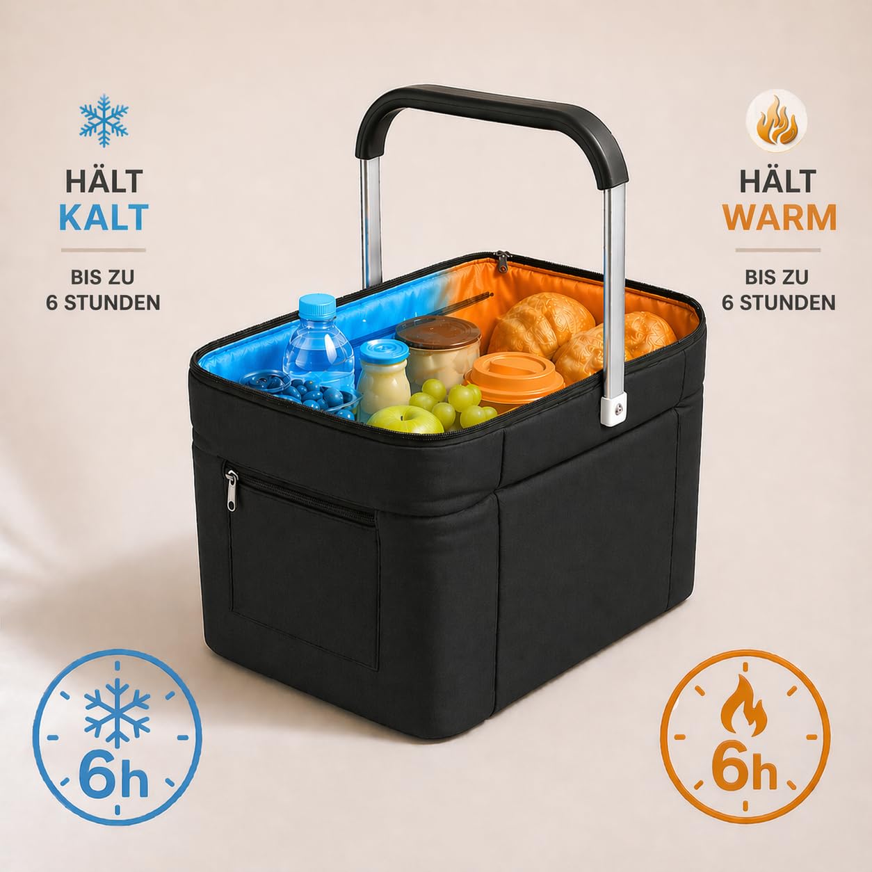 43L Einkaufskorb faltbar mit Deckel, groß, stabil, isolierter Kühlkorb, Thermokorb oder Thermotasche, klappbar, ideal für Picknick, Camping, Reisen, Einkauf (Schwarz)
