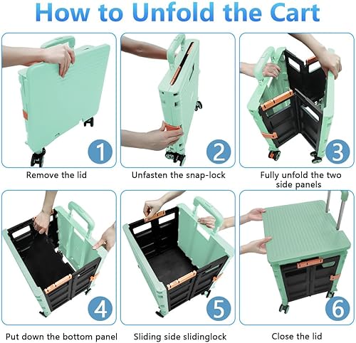 Miniatura 151 de FELICON SELORSS - Carrito plegable portátil con ruedas para subir escaleras y ruedas giratorias de 360°, mango telescópico, caja de plástico