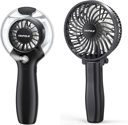 TriPole Ventilador de mano con mango plegable y ventilador de nebulización de mano de 3 velocidades, mini ventilador de mano pequeño portátil
