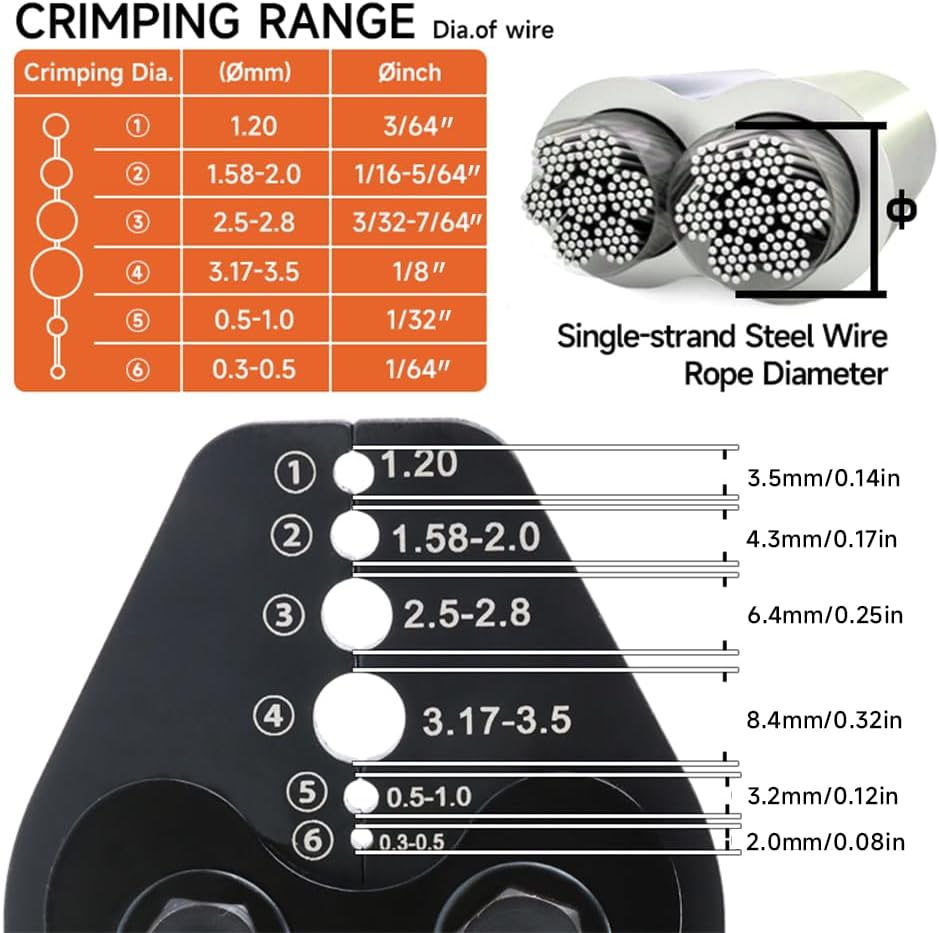 Wire Rope Crimping Tool with Ratchet, Ferrule Swaging Tool for Aluminum Sleeves, Loop Sleeves, Wire Rope Crimper for 1/64''-1/8''(0.3mm-3.5mm) Cables, Heavy-Duty Swaging Tool for Railing, Fishing