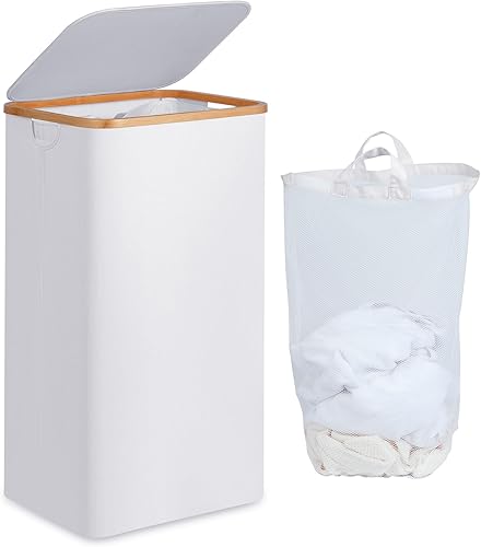Miniatura 18 de efluky Cesta de lavandería con tapa y bolsa extraíble, cesta de lavandería de 100 litros de alto con asas de bambú, papelera estética para ropa Azul