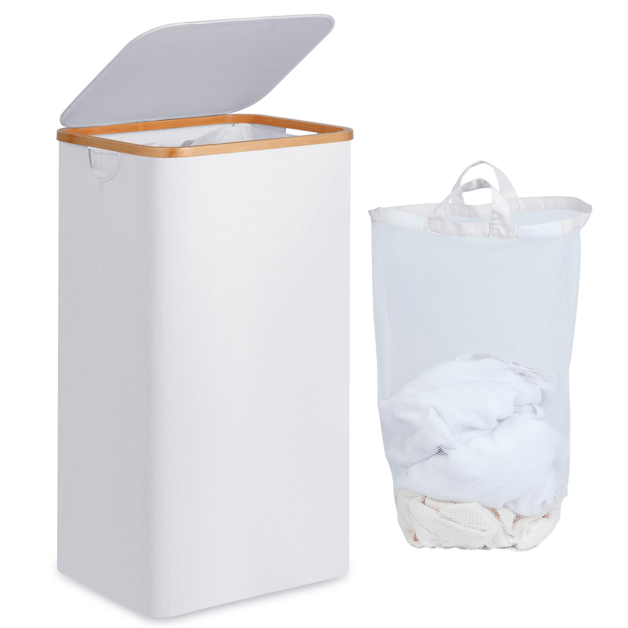 efluky XL 100L Laundry Baskets with Lid, Clothes Basket Laundry Hamper with Bamboo Handles & Inner Bags for Drity Cloth Organizer, Collapsible Laundry Box for Bedrooms (White,XL 100L)