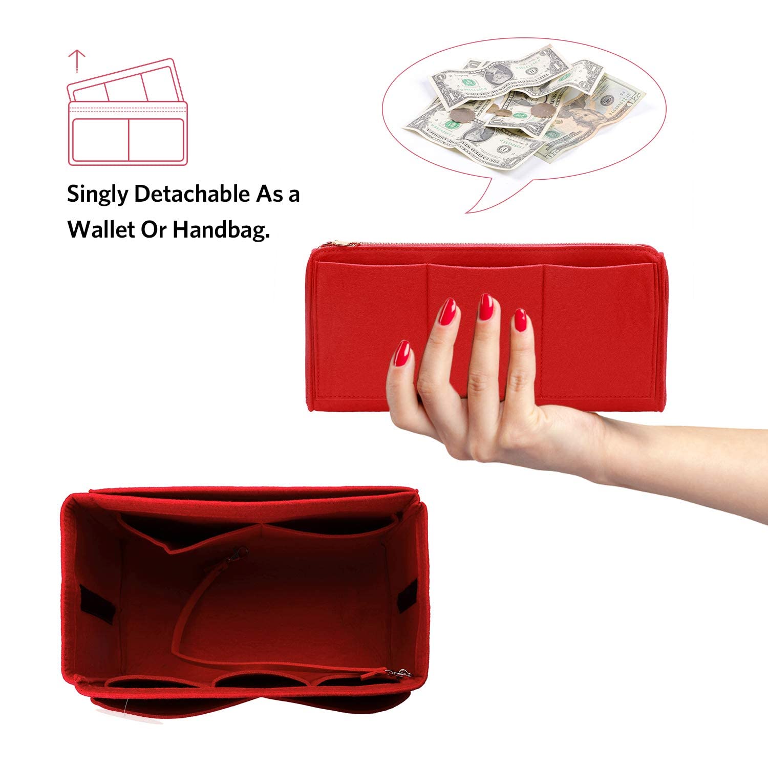 Organizador de Bolso de Fieltro con Múltiples Bolsillos – Inserto para Bolso con Bolsillo con Cremallera, Organizador Ligero para Tote Bag, Rojo, L
