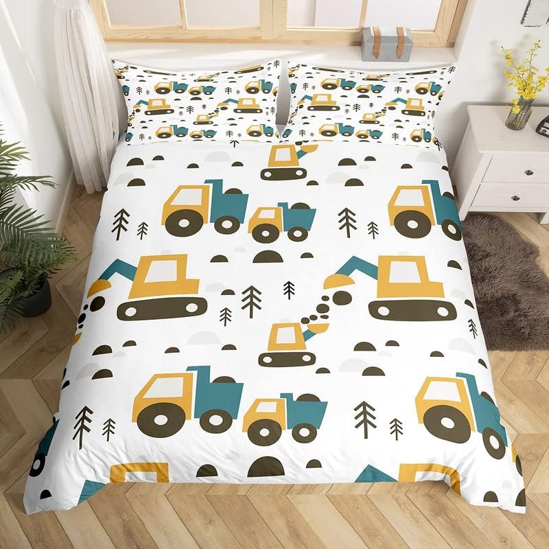 Feelyou Boys Construction Bedding Duvet Cover Set Kids Equipment Trucks Bedding Set Decor Cartoon Car Botanical Tree Comforter Cover Set Construction Vehicles Bedspread Cover Full with 2 Pil