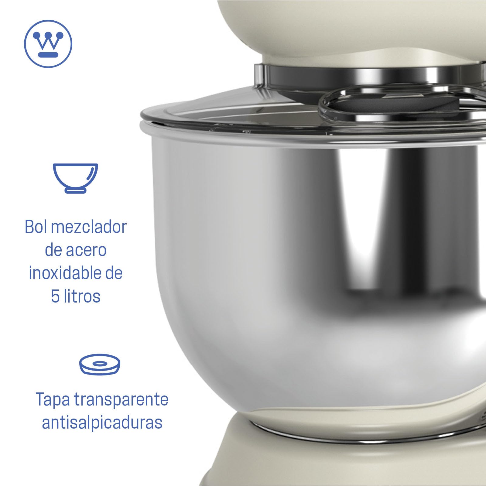 Batidora de pie Westinghouse Retro - 1200 W - Robot de cocina con bol de 5 l - Robot de cocina - Batidora de cocina - Procesador de alimentos - Beige
