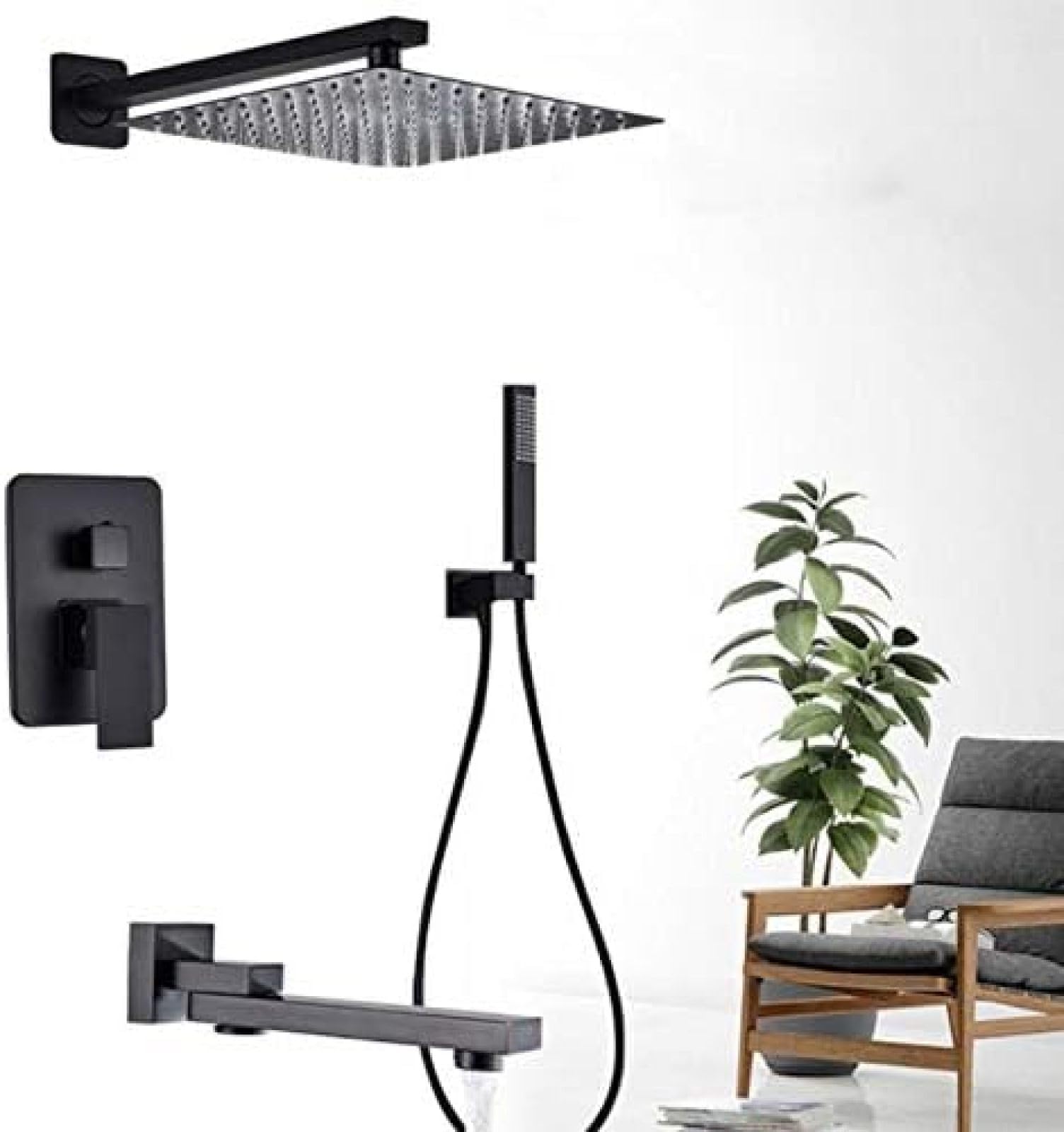 NGDFGR Shower Kits, Black Shower Set Wall Mounted Shower Faucet Mixer 8 In Rainfall Bathroom Shower Tap With Handshower Rotate Bath Spout