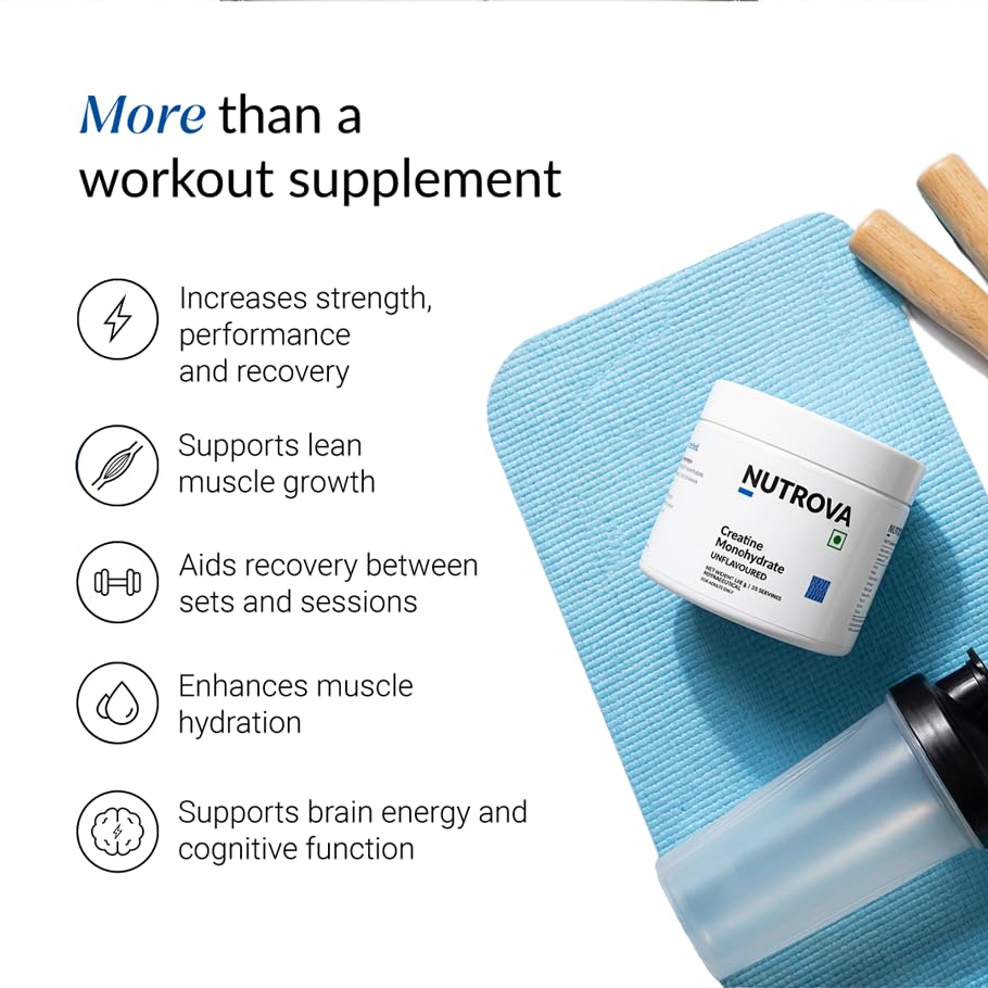 Image of NUTROVA Creatine Monohydrate (Unflavoured) | 100% Micronised for Solubility | Third-Party Tested | Supports Strength, Recovery & Brain Energy | 0 Calories | 35 Servings | 110g | Men & Women
