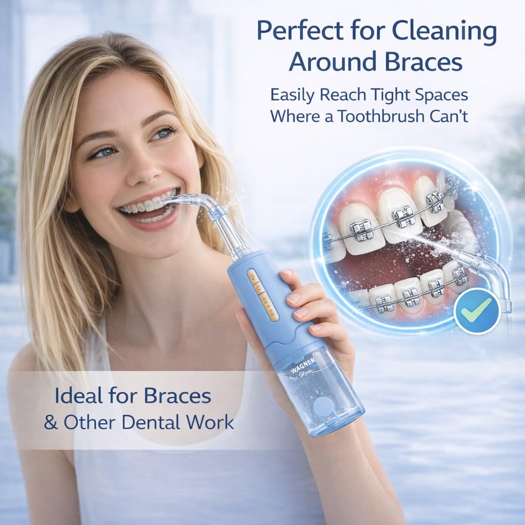 Wagner Stern Irrigador dental portátil, irrigador dental inalámbrico con 5 modos de presión, 4 boquillas de chorro, recargable por USB-C, IPX7 impermeable, modelo DF3400