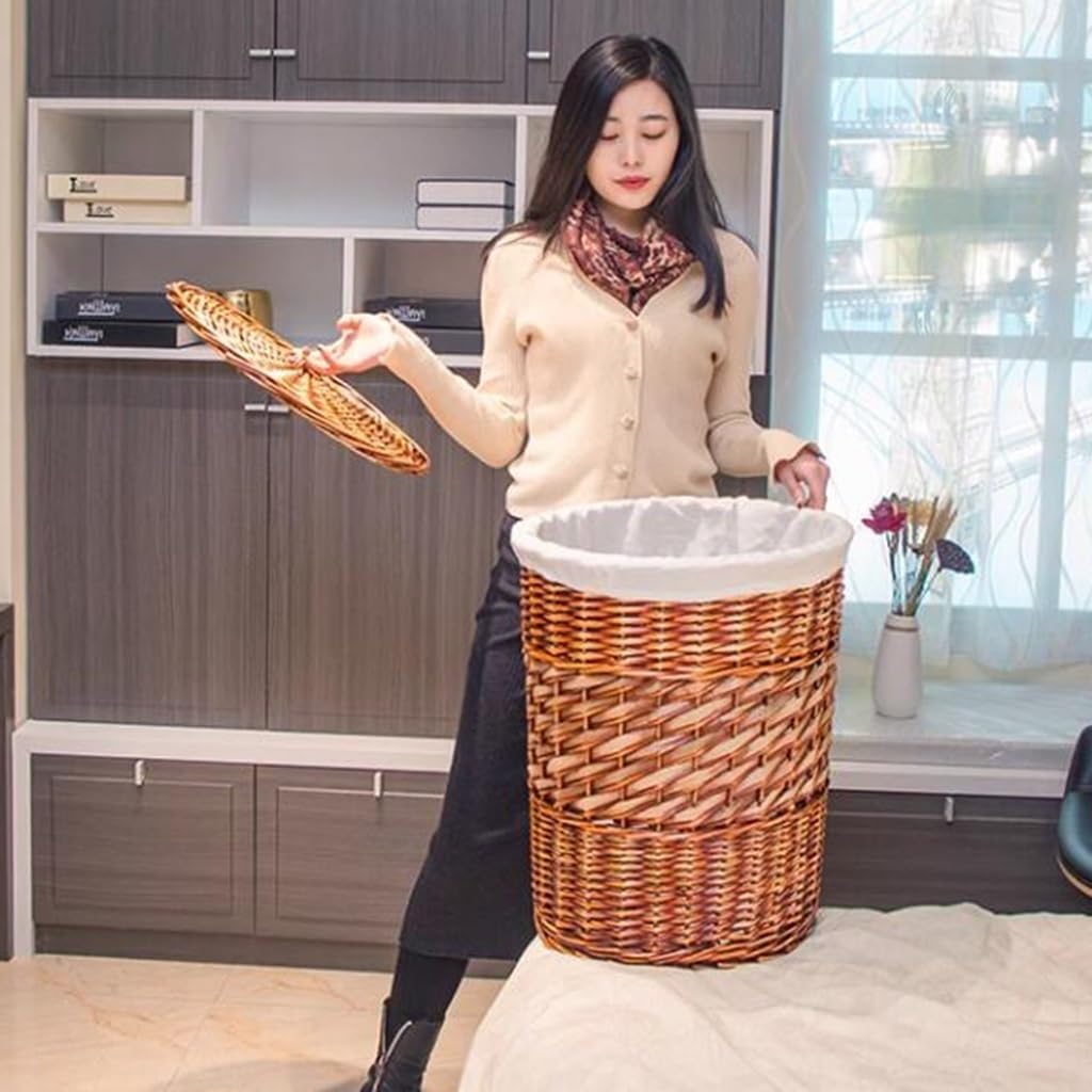 Amazon｜ラタンランドリーバスケット、蓋付き、ライナーバッグ付き、丸
