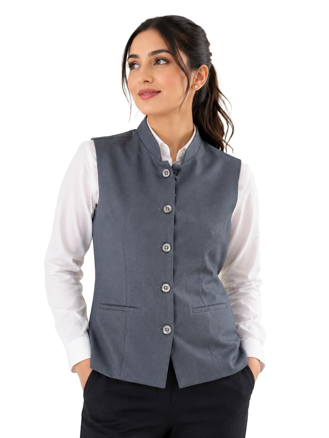 Women's Solid Nehru Jacket | Sleeveless Mandarin Collar Waistcoat | Regular Fit Casual & Office Ethnic Layering Jacket | Premium Cotton Blend Vest-image-14
