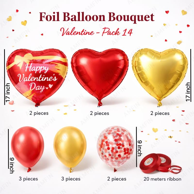 Image of AMFIN (Pack of 14) Happy Valentine's Day Balloon Decoration Set | Romantic Heart Foil Bouquet Metallic Helium Bunch Proposal Anniversary Celebration Party Decor - Red Gold