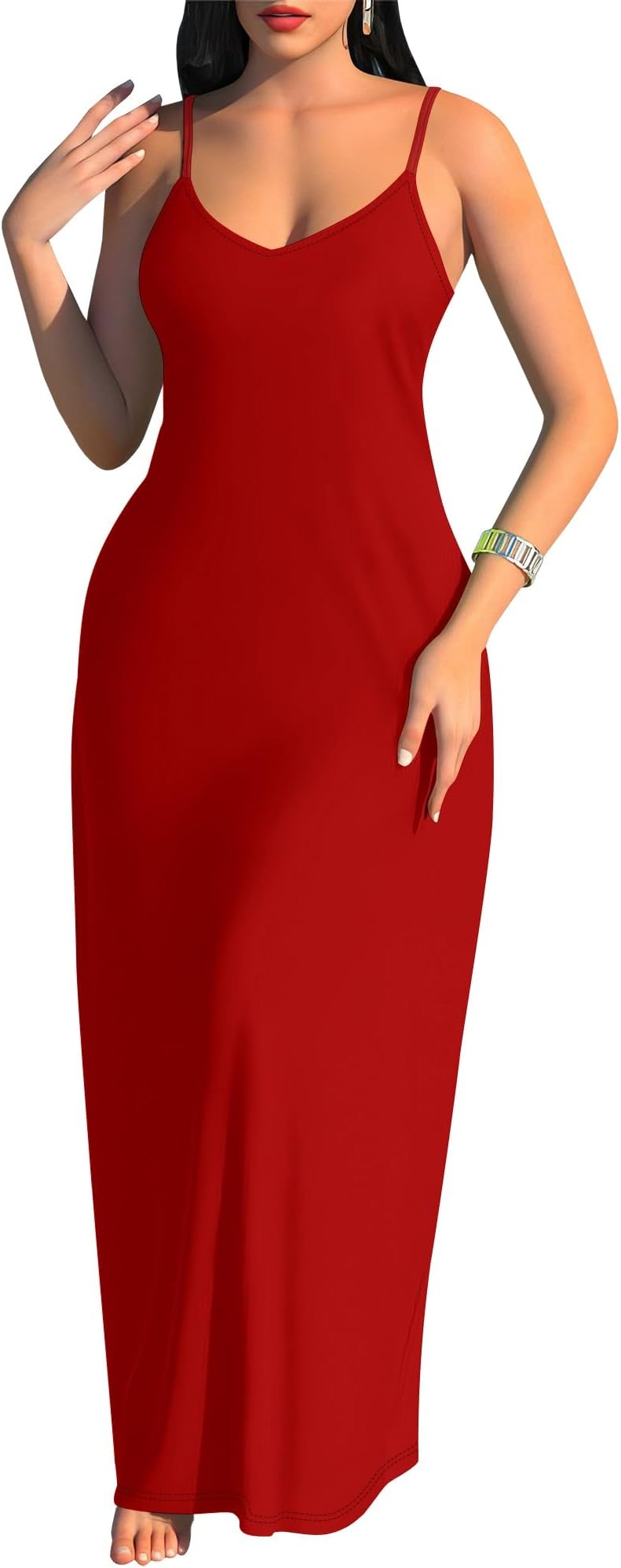 Casual Plus Size Deep V Neck Sleeveless Spaghetti Strap Long Dress Summer Loose Adjustable Beach Vacation Party S-3XL