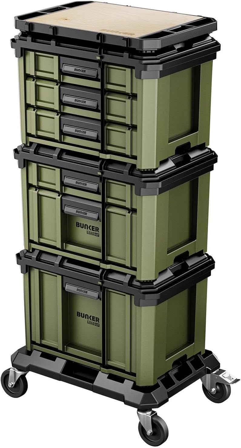 BUNKER Load-Up Tool Box Drawer Stacking System 5-Piece - 6 Drawer Tool Storage, Locking Drawers, Dolly with Braked Castors & Worktop, Heavy-Duty Organiser for Workshops & Garages