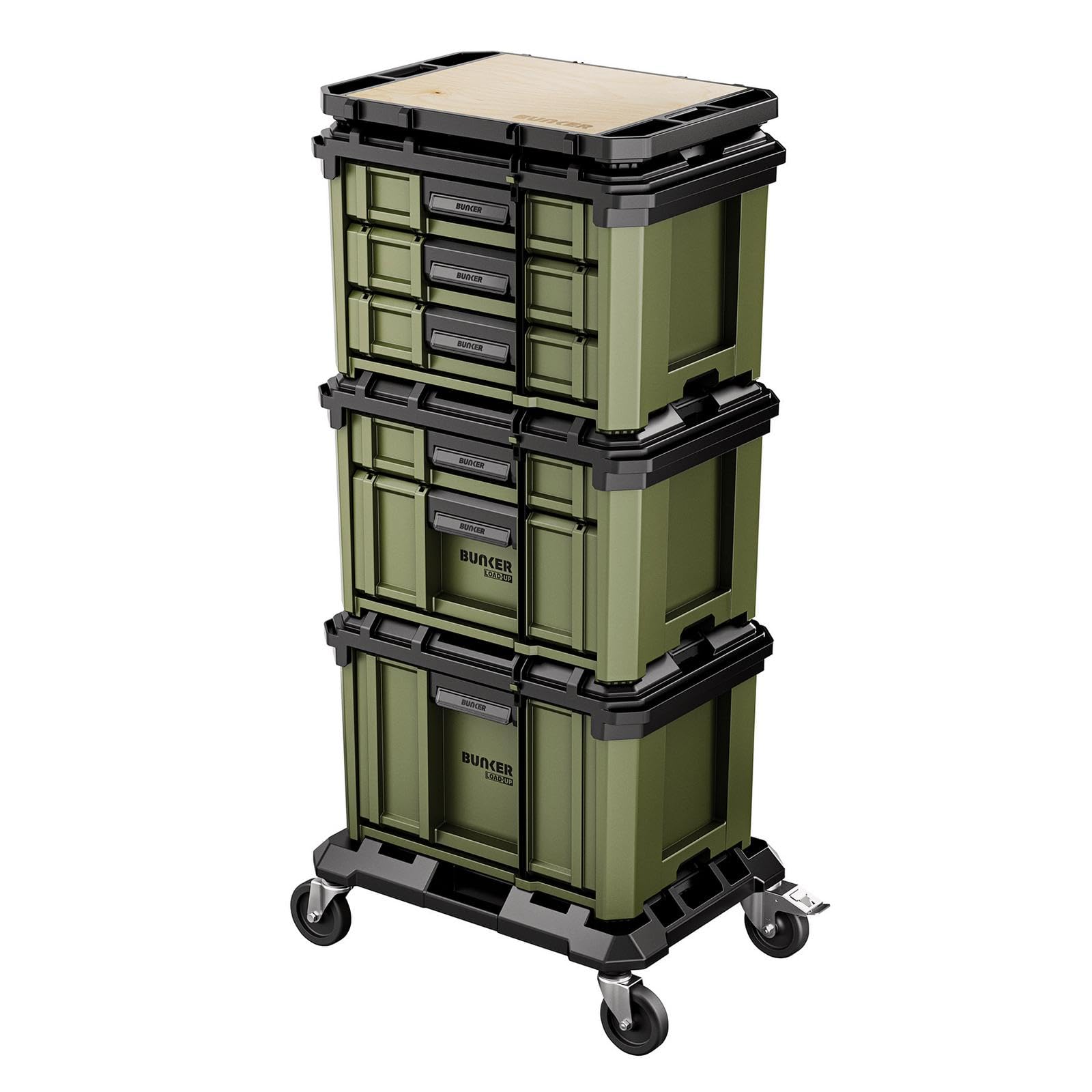 BUNKER Load-Up Tool Box Drawer Stacking System 5-Piece - 6 Drawer Tool Storage, Locking Drawers, Dolly with Braked Castors & Worktop, Heavy-Duty Organiser for Workshops & Garages