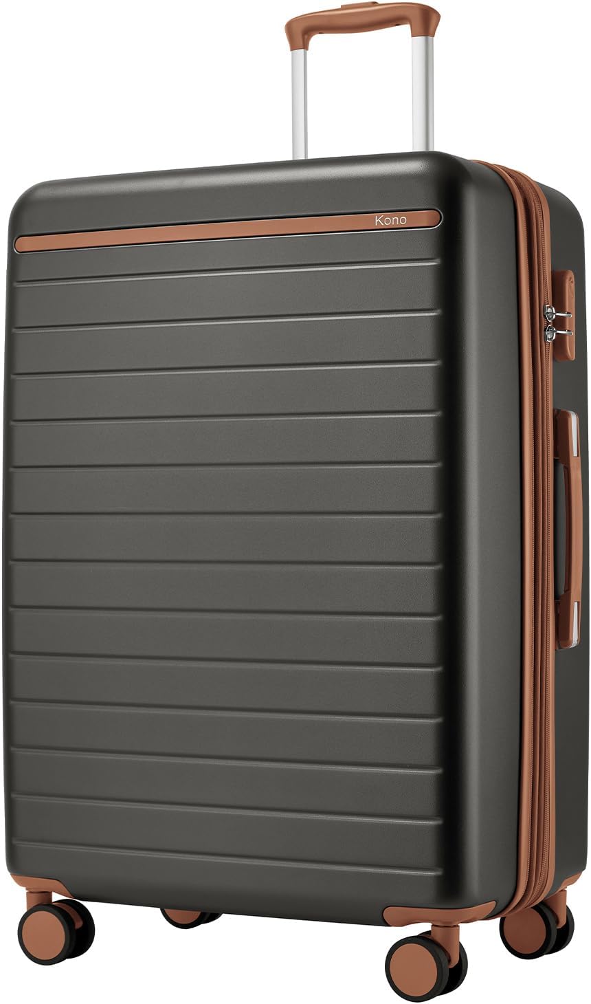 Kono 28 Inch Large Suitcase, Expandable for Long Trips, Impact-Resistant ABS+PC & Silent Wheels, Black, Lightweight Hardshell Luggage, Smooth Rolling Spinner Suitcase for Travel，Grey/Brown