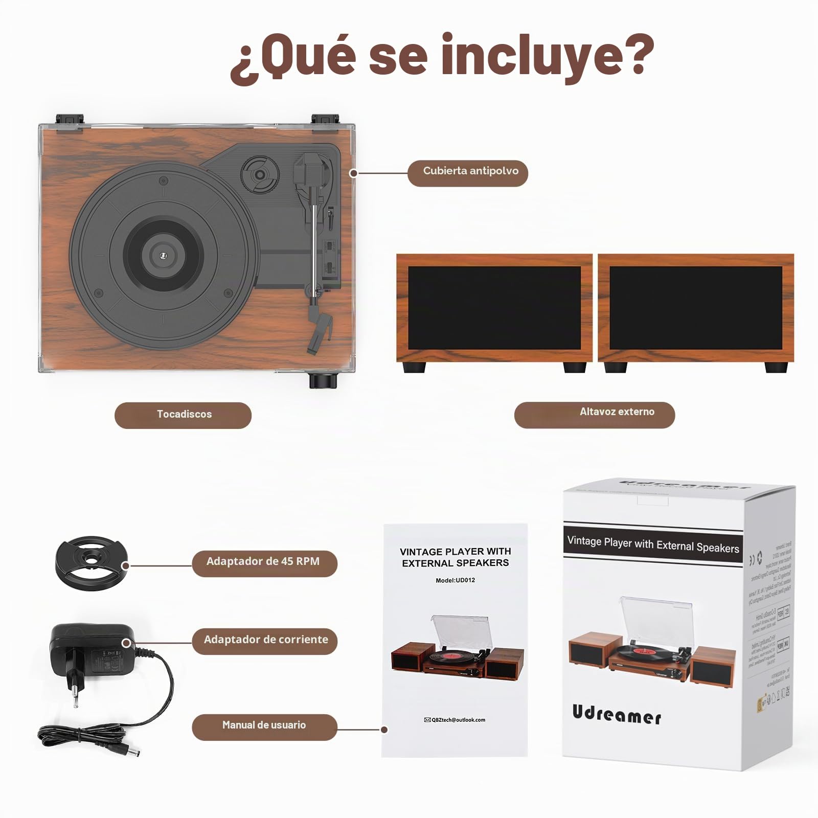 Udreamer Tocadiscos con 2 Altavoces Estéreo Duales, Vintage Tocadiscos con Bluetooth 5.3 Compatible 3 Velocidades, Entrada Auxiliar, Línea RCA, USB, Reproducción Inalámbrica, Marró