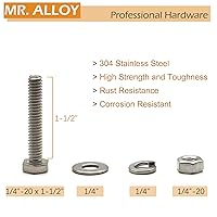 Vista 2 de Kit de tornillos, tuercas y arandelas de 1/4-20, 12 juegos, pernos hexagonales de acero inoxidable 304 con tuercas, arandelas planas 1/4 y arandelas