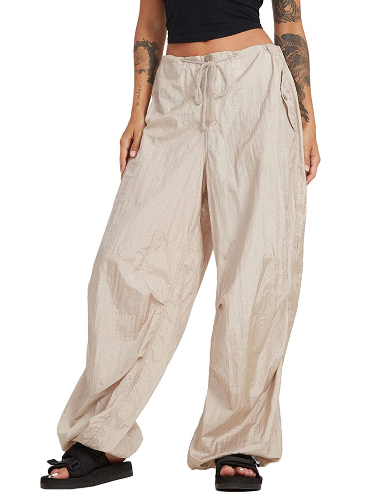 Onsoyours Pantaloni Cargo Donna Y2k Vita Alta Cargo Pants Streetwear Parachute Pants Jogger Casual Larghi Loose con Tasche e Coulisse A Army Green XS