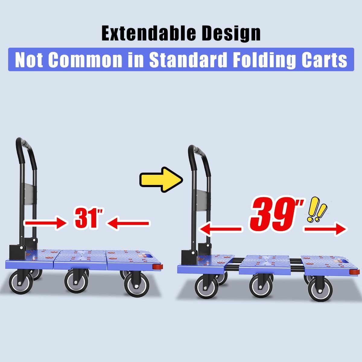 WUD 1323 lbs Heavy Duty Folding Platform Cart with Extendable Deck (31''–39''), 6-Wheel Support, 4'' Quiet Casters, Thick Reinforced Flatbed Dolly for Warehouse, Garage & Moving