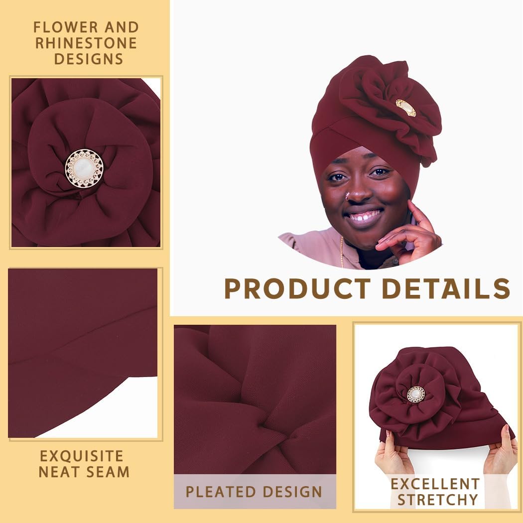 Bohend African Big Flower Rhinestone Turban Cap Muslim Pre Tied Beanie Headwrap Bonnet Stretch Pleated Women Headscarf Hat - Image 3