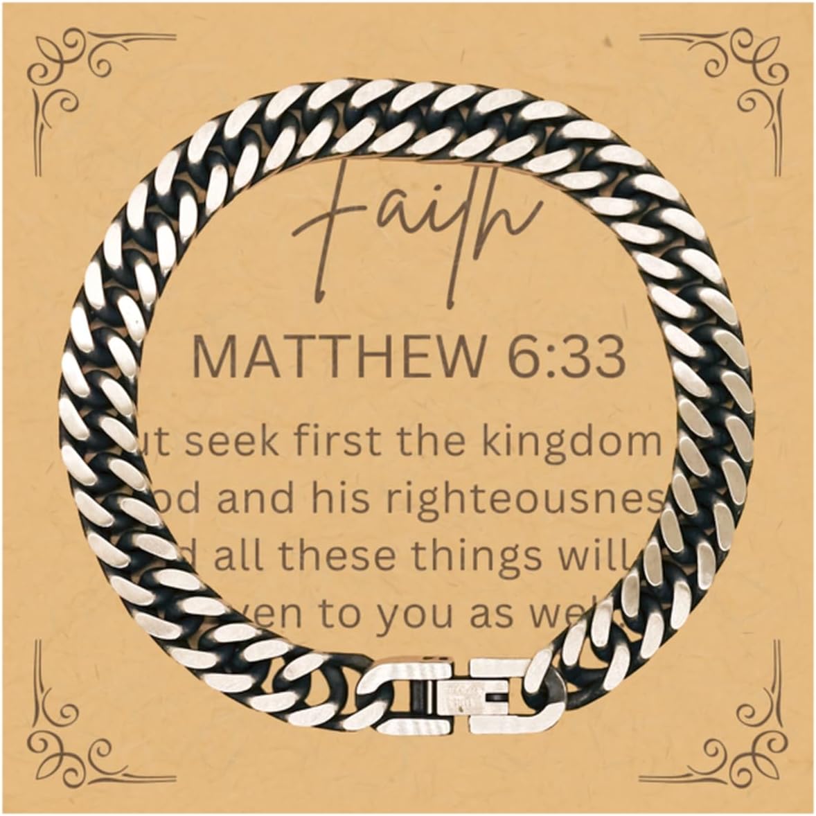PARN'S Gifts For Christian Bible Verse - Matthew 6:33 - Cuban Link Bracelet Faith Gifts For Son Dad Brother Nephew Boyfriend Husband, Religious Jewelry Bracelet Message Card Box