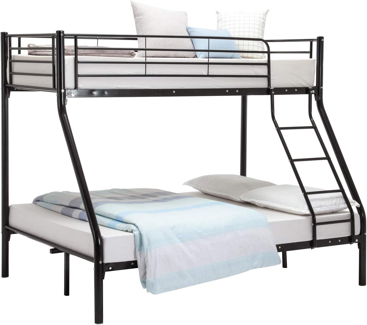 Letto a Castello 3 Posti in Metallo 90x200/140x200 cm, Nero | Letto a castello salvaspazio con barriera anticaduta e scaletta sicura, struttura in metallo robusto per bambini e famiglie.