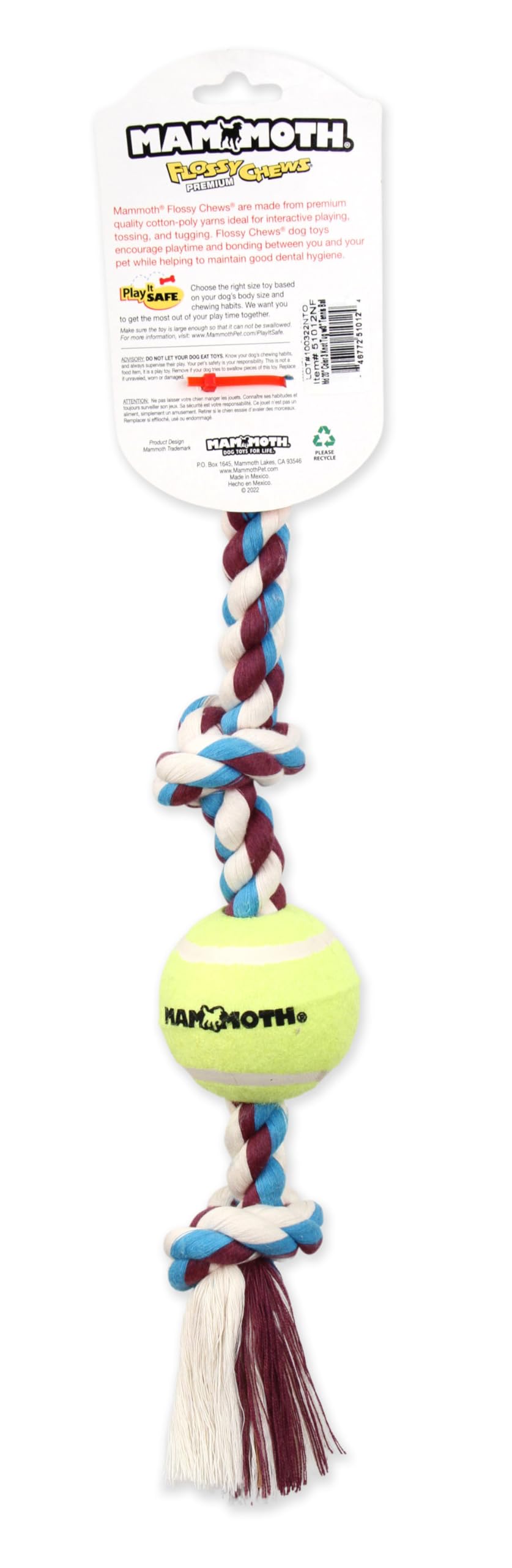 Mammoth Flossy Chews Color 3 Knoten Tug w/Standard Tennisball - Premium Baumwoll-Poly Zerrspielzeug für Hunde - Interaktiv - Seil Hundespielzeug für mittelgroße Hunde - 50,8 cm