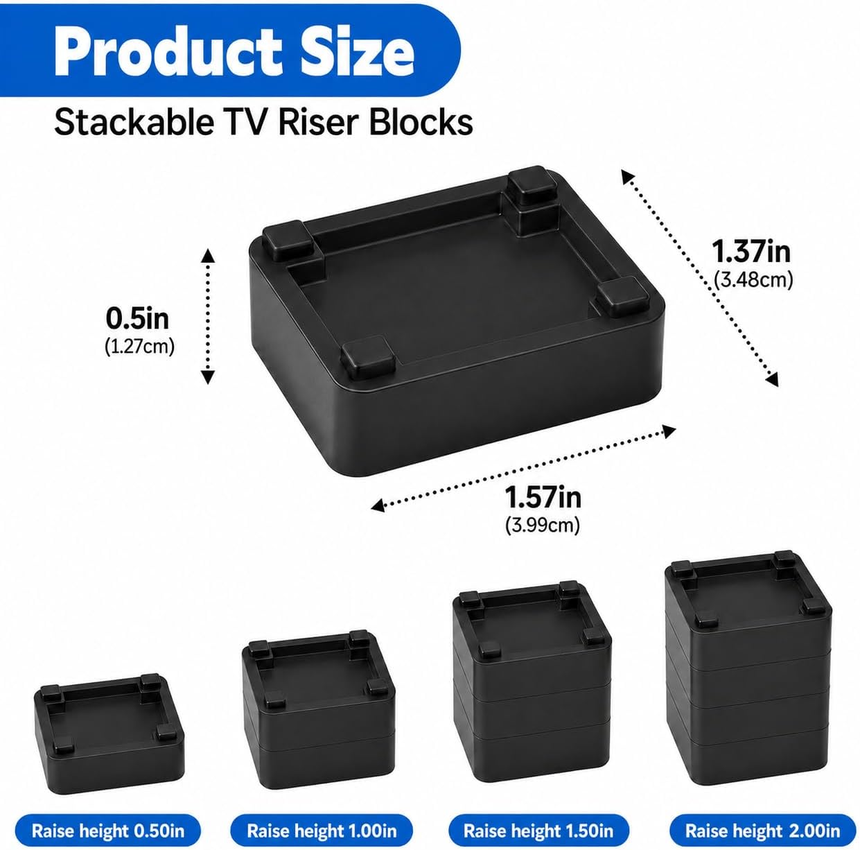 4 Pack Stackable TV Stand Riser Blocks, 1/2 Inch Adjustable TV Leg Risers with Anti-Slip Feet, Heavy-Duty Television Lift Blocks for Soundbar & Remote Clearance