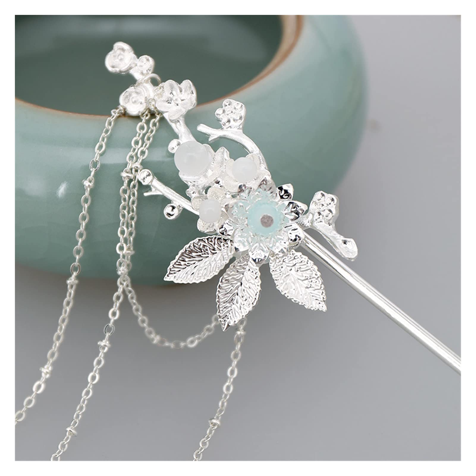 Fiori di Chiusura dei Capelli cristallini da Donna Design Design in Argento Scepisci Il Bastone for Capelli Hanfu con Tappeto. (Color : Moon Tassel)