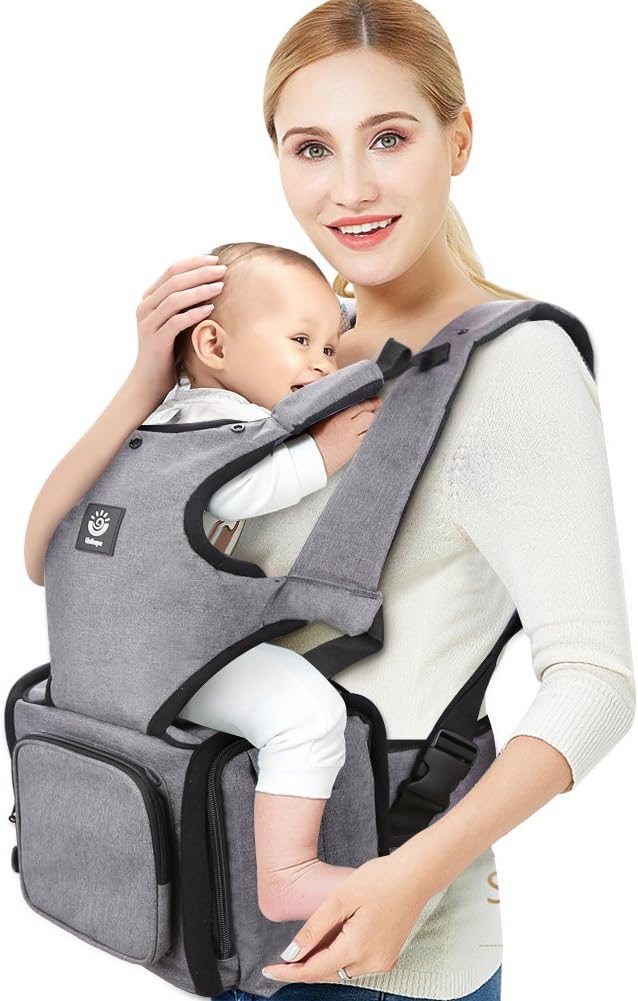 Unihope 360 All-in-One Ergonomic Baby Sling Carrier Bag and Multi-function Baby Diaper Bag Backpack with Large Capacity and Patent Design for Wet Tissue Pocket Two Carry Positions Grey