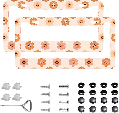 Miniatura 22 de Paquete de 2 marcos para placa de automóvil de acero inoxidable con tornillos, tapas y destornilladores, para mujeres y niñas, diseño de flores