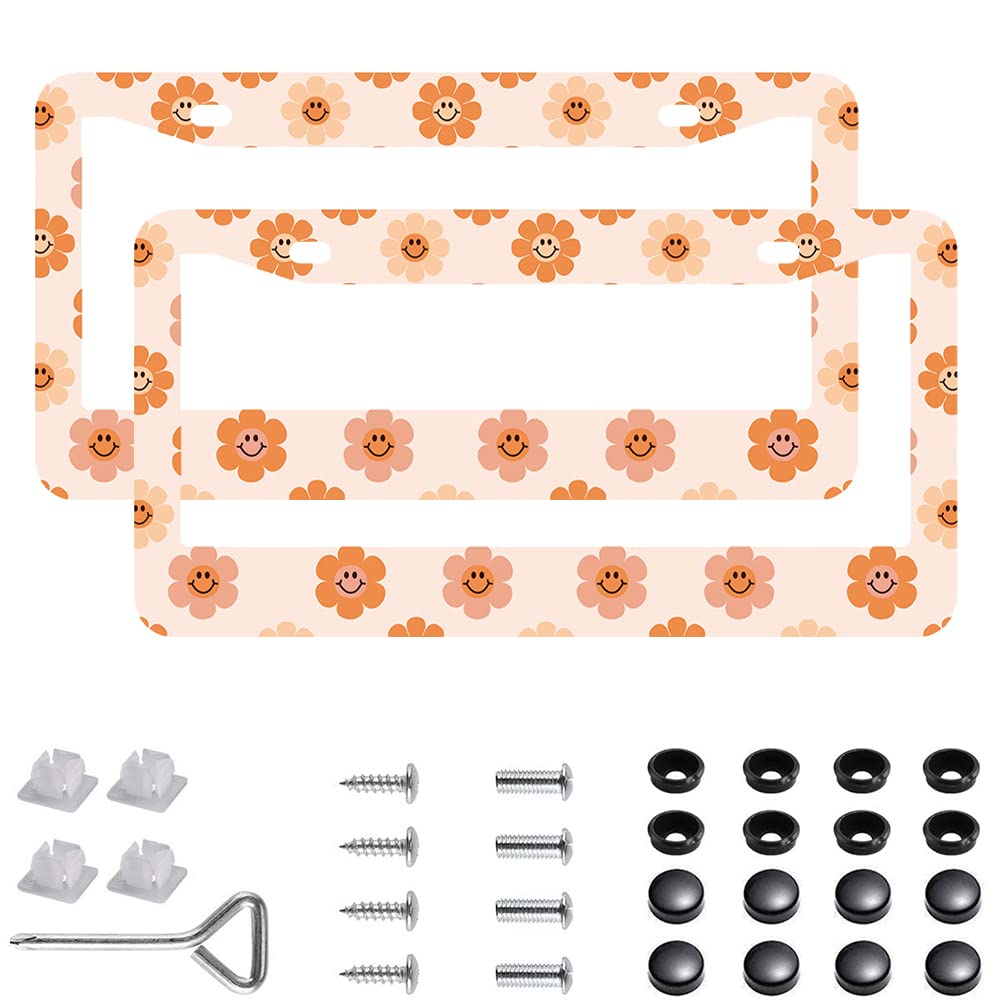 2Pcs Sunflower Retro License Plate Frames Cover Holders Stainless Steel Retro Flowers License Plate Cover with Screw Caps Cover and Screwdriver Set -