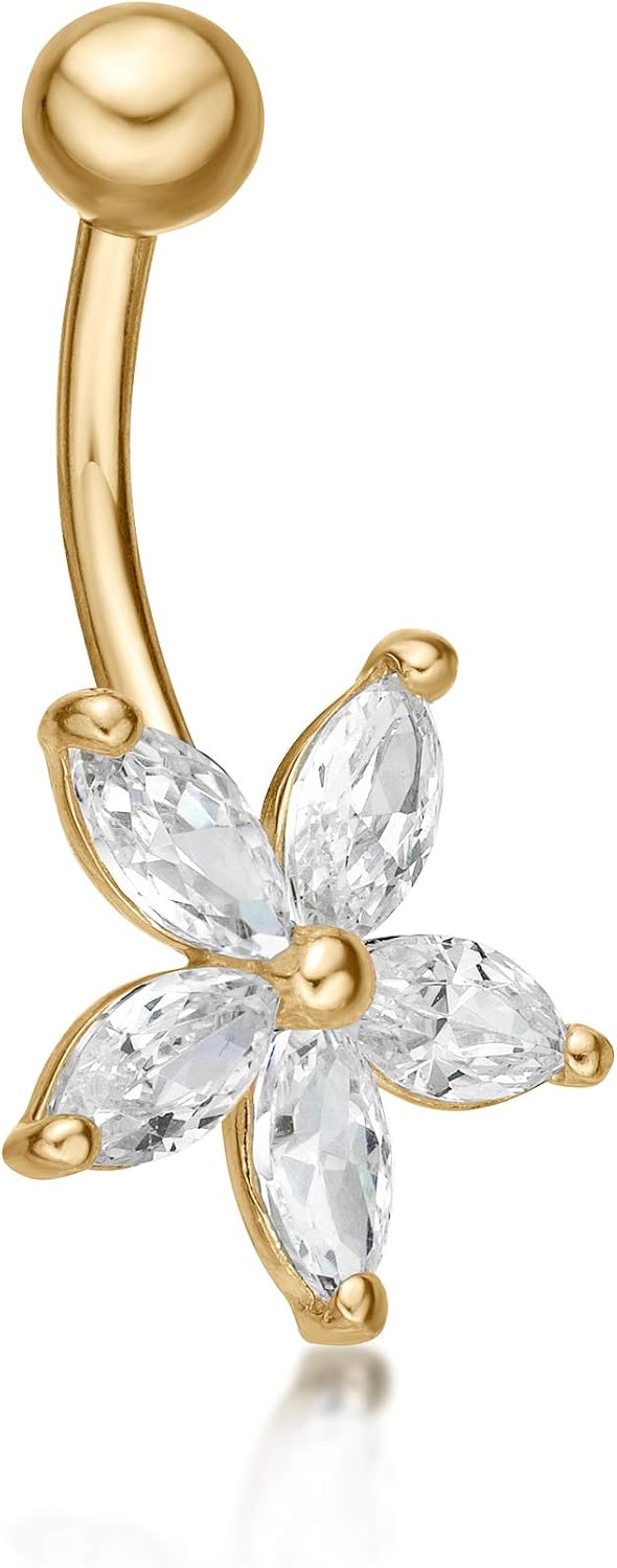 Lavari Jewelers 16 Gauge Flower Belly Stud for Women - 10k Yellow Gold 13.5mm Marquise Cut Zirconia Belly Ring - Unisex Sud Hypoallergenic Piercing Jewelry - 16G Body Piercing for Men