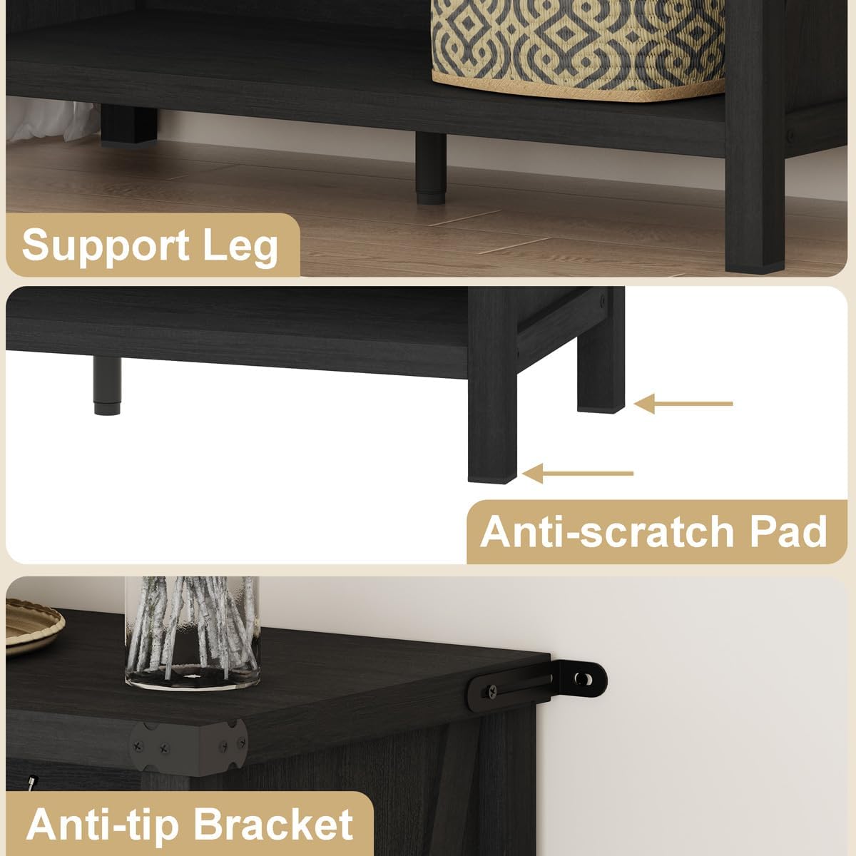 BON AUGURE Small Bookshelf, 3 Tier Black Book Shelf, Farmhouse Storage Bookcase, Short Wooden Book Cases for Small Space, Office, Bedroom, Living Room (Black Oak) - Image 4