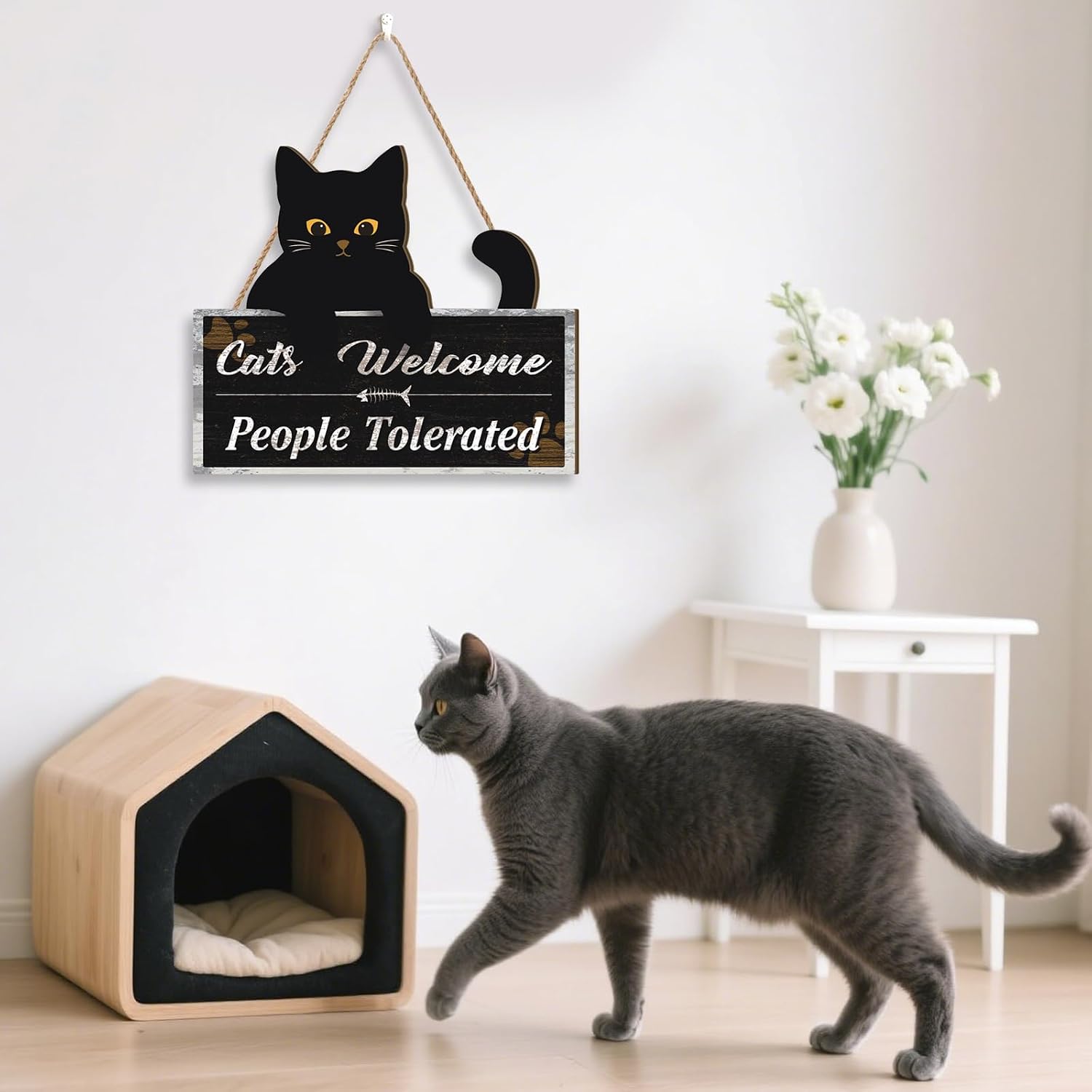 Black Cat Door Sign,Cat Welcome People Tolerated Door Decor,Funny Welcome Wall Plaque,Gifts For Cats Lovers,Halloween Black Cats Wooden Hanging Sign,Kitty Wall Decor for Home Room Porch Yard