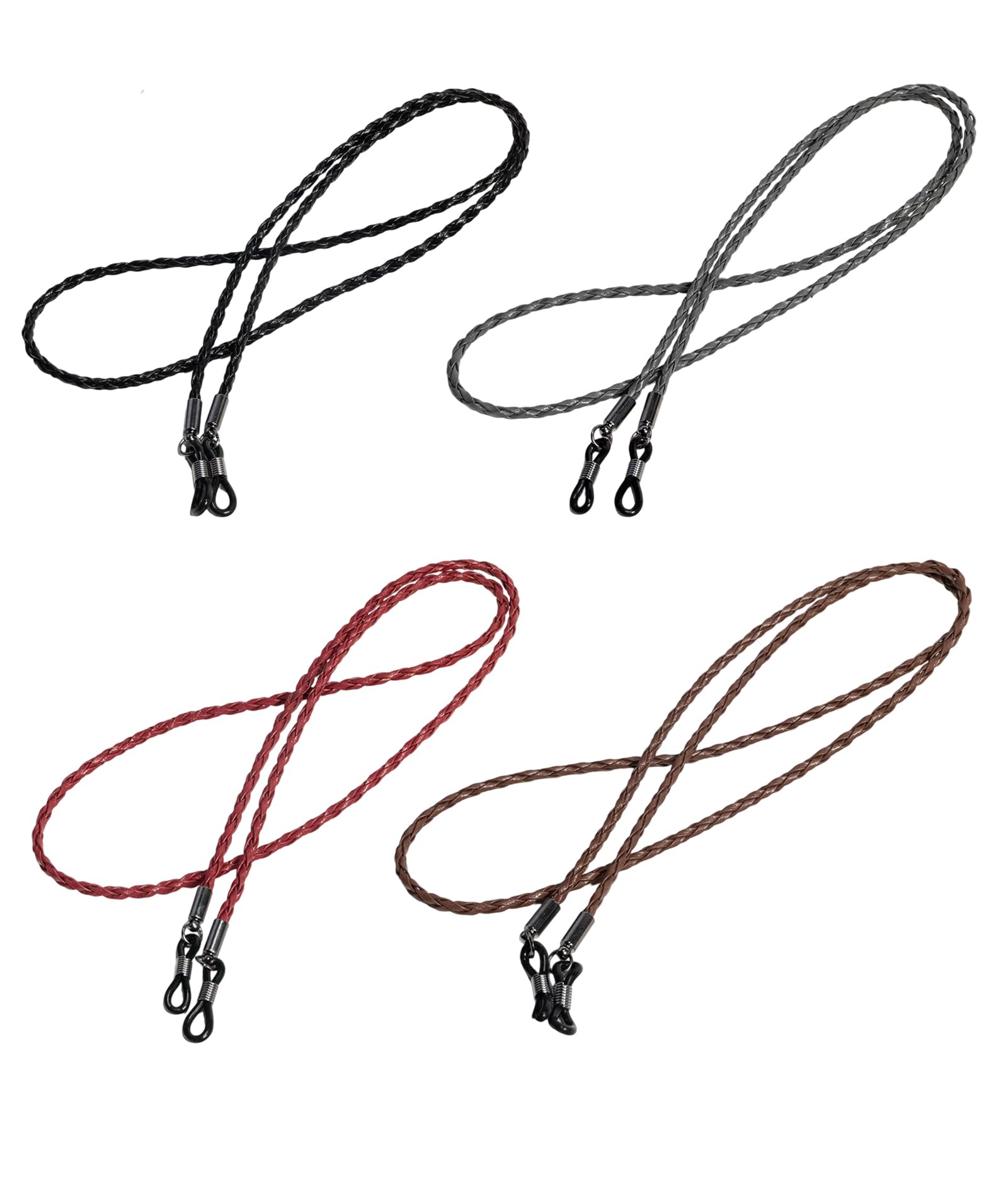 4PCS Specs Holder Strap, PU Twisted Eyeglass Chains for Women and Men, Adjustable Sunglasses Holder for Sports and Daily Use, Stylish Spectacle Chain in Red, Black, Brown, Gray