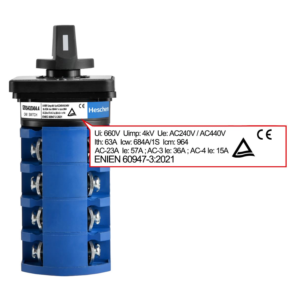 Heschen Commutateur rotatif universel SZW26-63/D404.4 660 V 63 A ON-OFF-ON 3 positions 4 phases 4NO+4NC 16 bornes CE