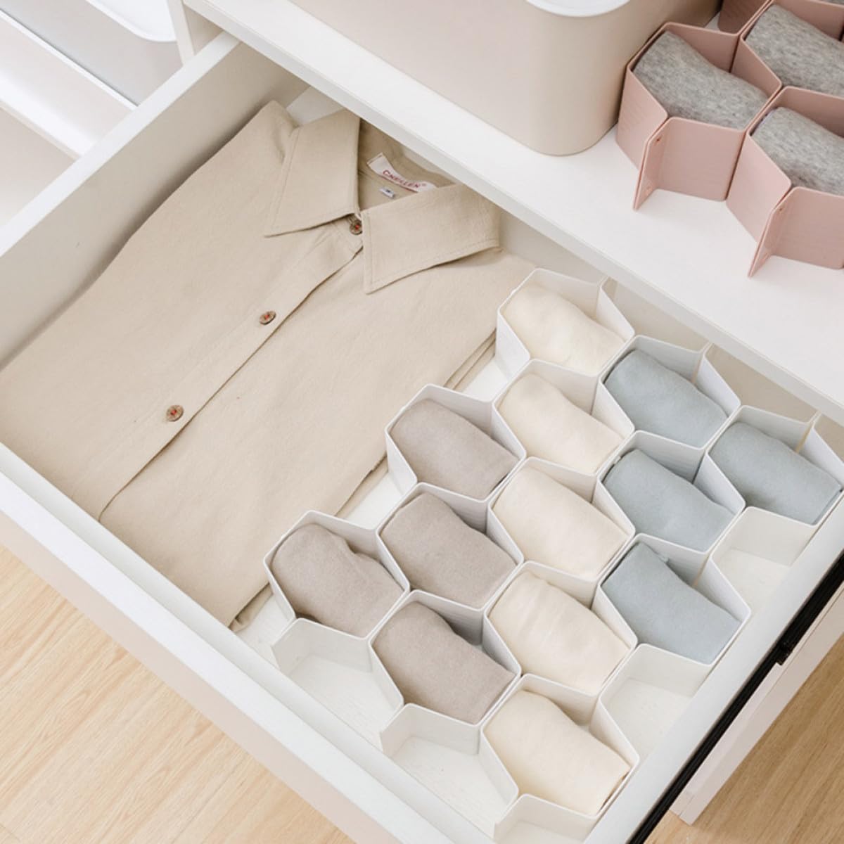 4 Organizador Panal de Juegos Cajones Plástico Blanco para Ropa Interior | Diseño Móvil y Ahorra Espacio, Separa Leggings y Bras en Armario Cama